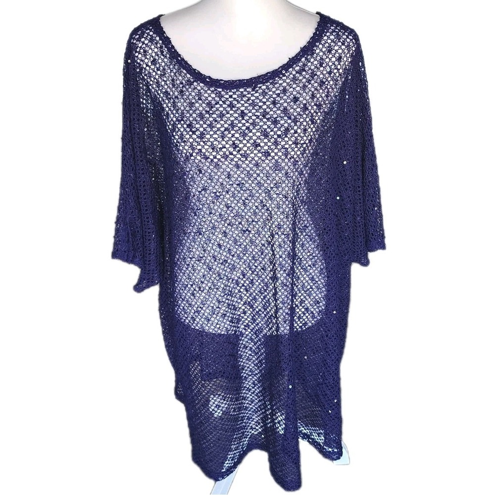 Catherines Open Knit Poncho Topper Womens 3X Purple Sequins Holiday Party NYE
